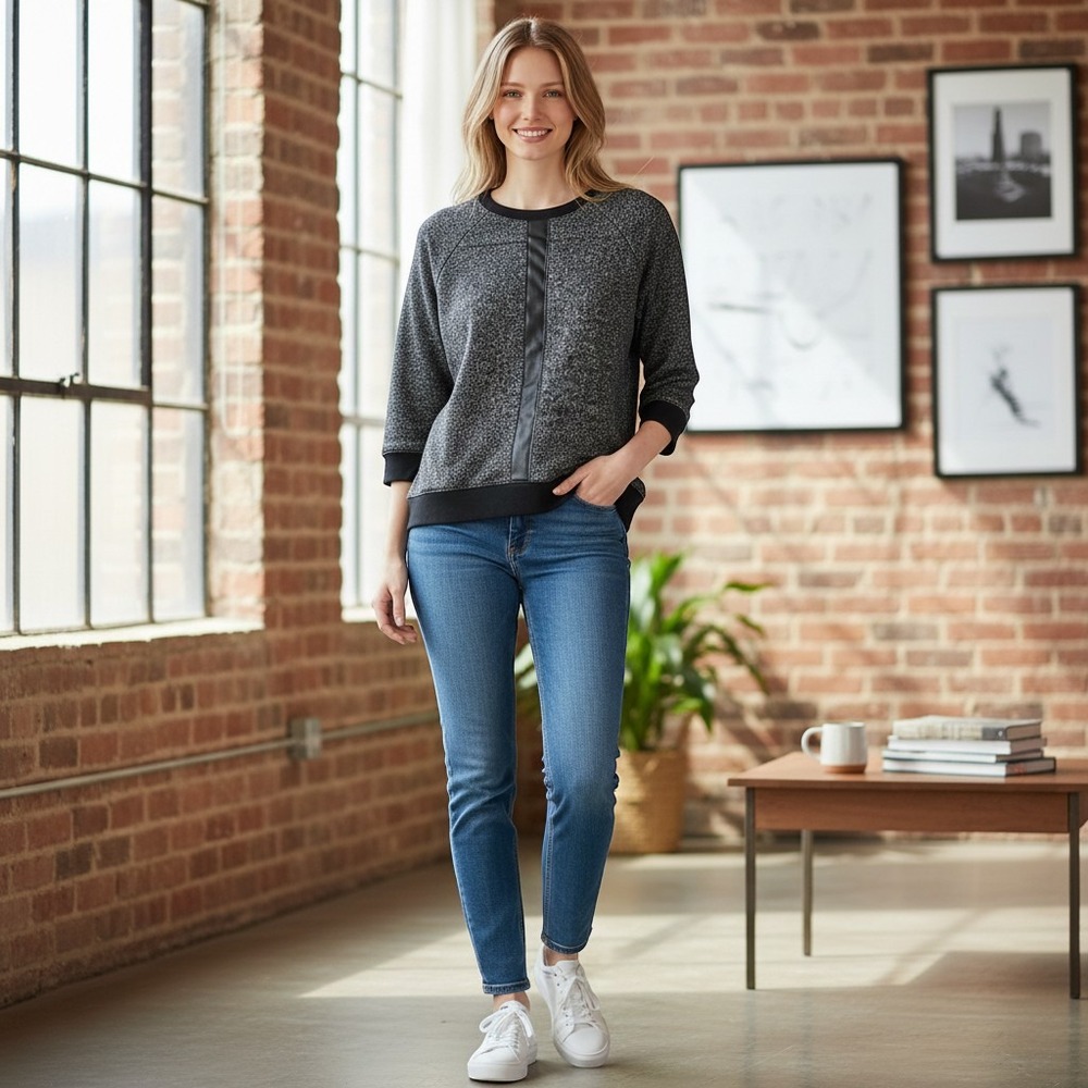 Marc New York Performance Sweatshirt Small Gray Faux Leather Trim Raglan Sleeve